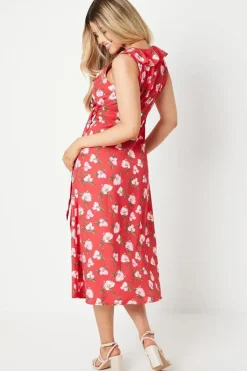 Red Floral Frill Neck Detail Wrap Midi Dress