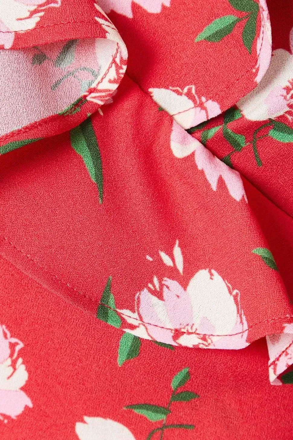 Red Floral Frill Neck Detail Wrap Midi Dress