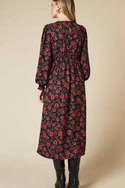 Red Floral Lace Trim Midi Dress