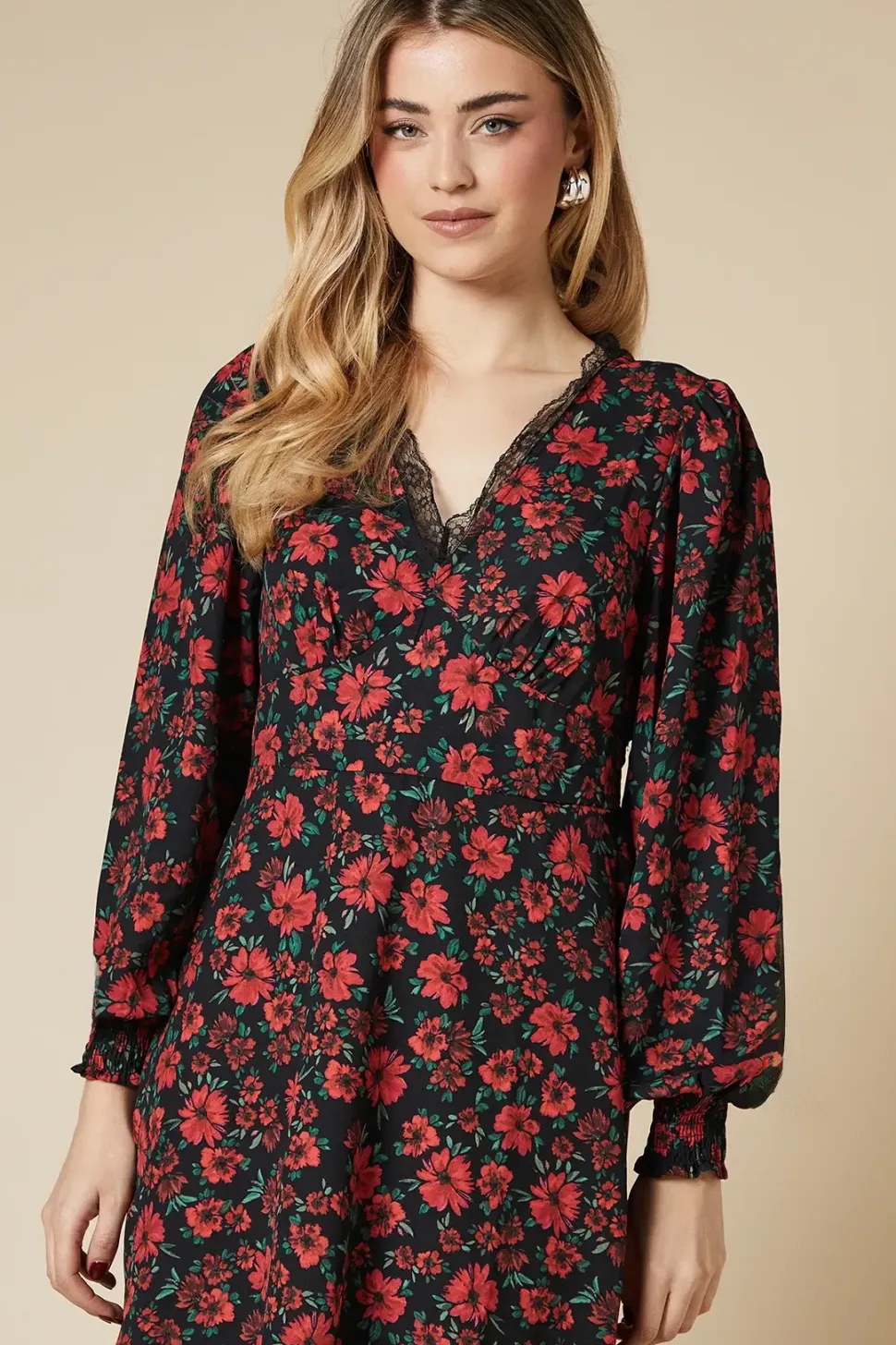 Red Floral Lace Trim Midi Dress