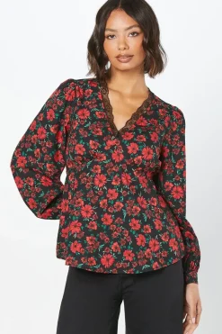 Red Floral Lace Trim V Neck Blouse