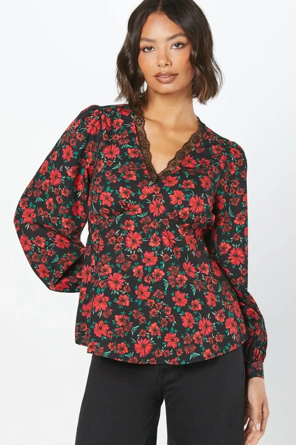 Red Floral Lace Trim V Neck Blouse