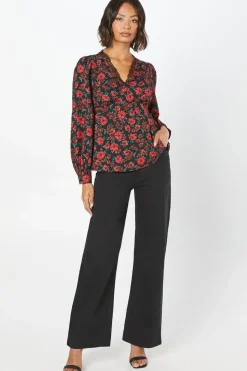 Red Floral Lace Trim V Neck Blouse