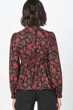 Red Floral Lace Trim V Neck Blouse