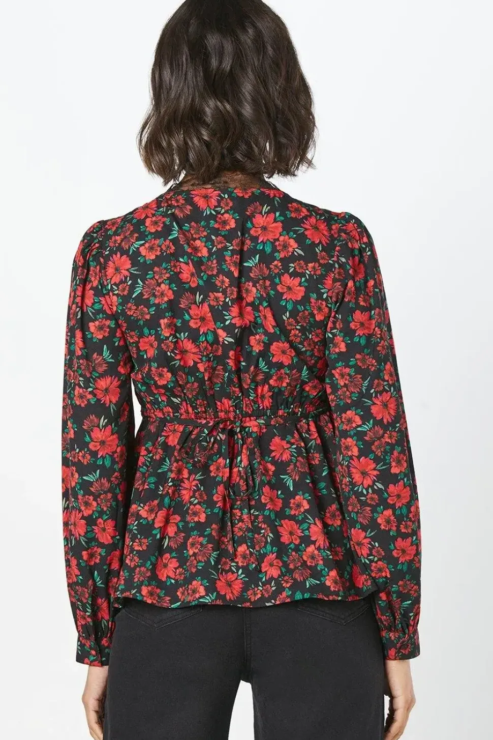 Red Floral Lace Trim V Neck Blouse