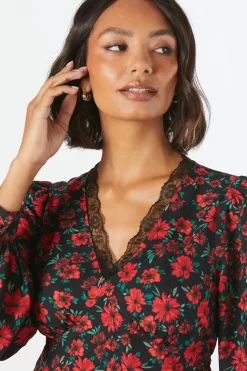 Red Floral Lace Trim V Neck Blouse