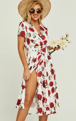 Red Floral Print High Waist Wrap Midi Dress In White