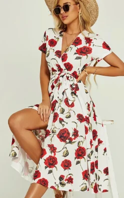 Red Floral Print High Waist Wrap Midi Dress In White