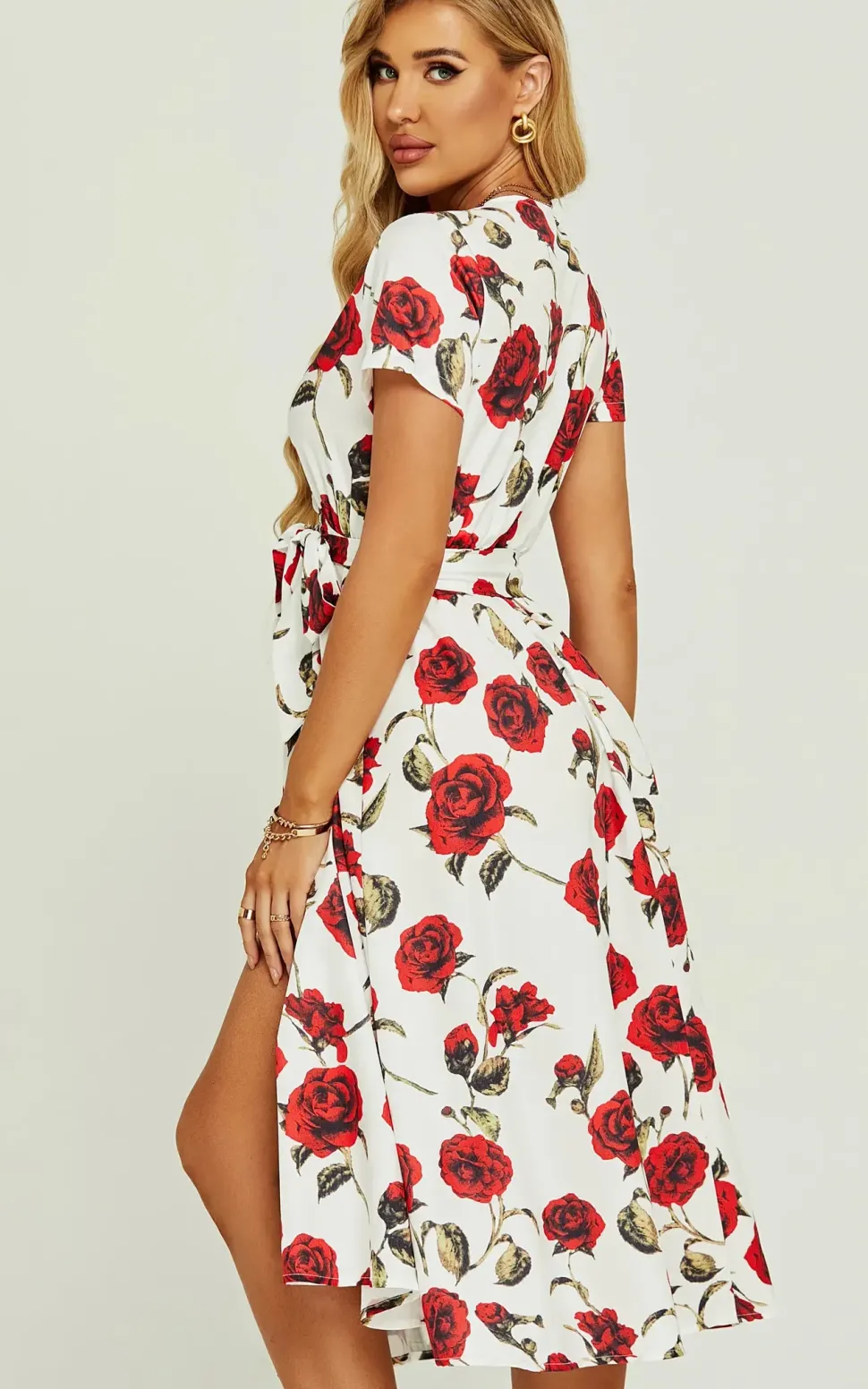 Red Floral Print High Waist Wrap Midi Dress In White