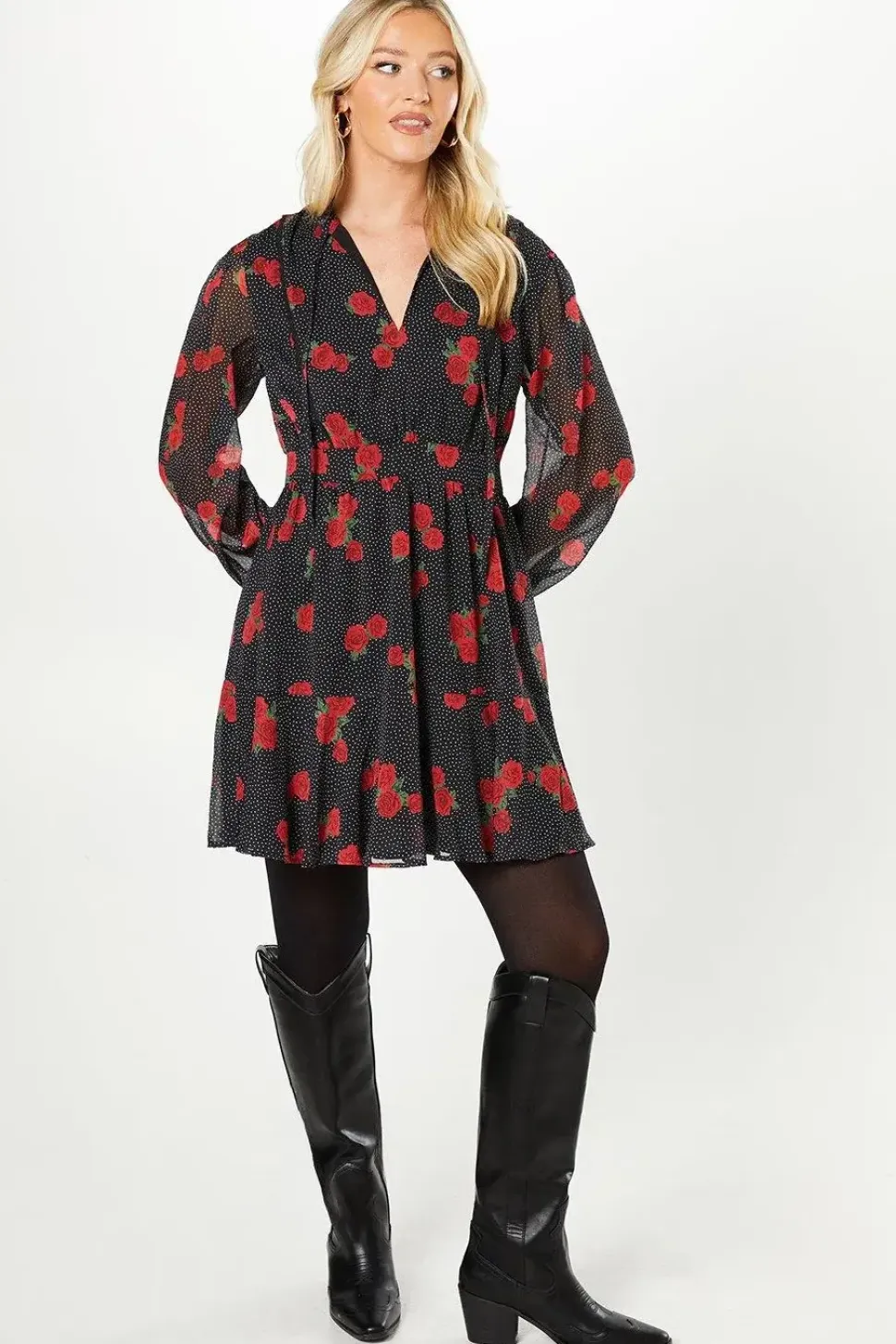 Red Floral Spot Chiffon Lace Insert Long Sleeve Mini Dress