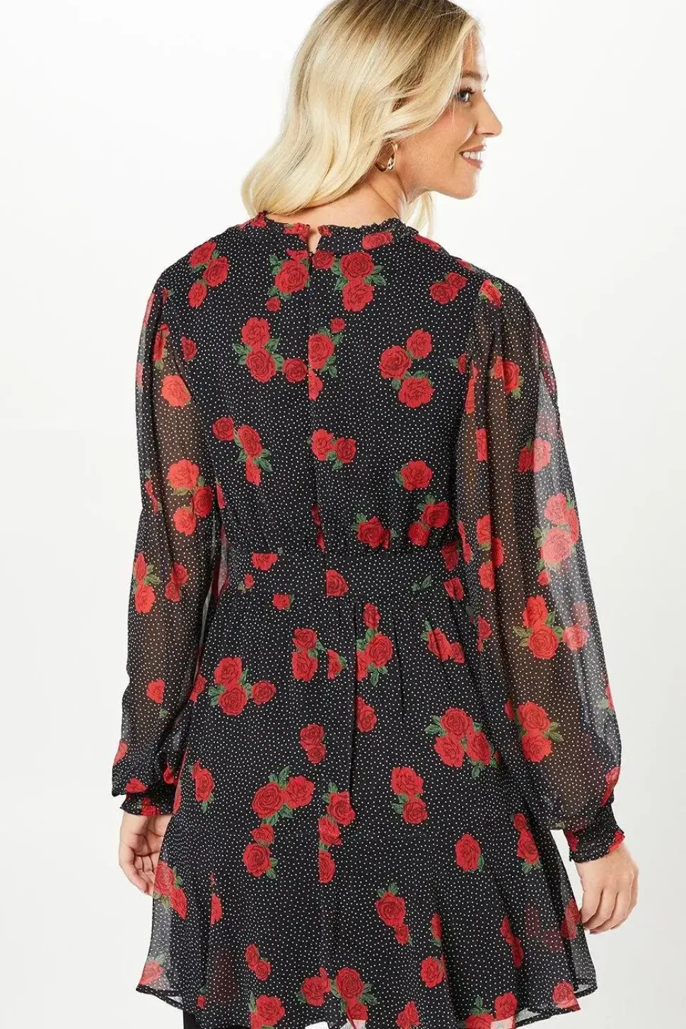 Red Floral Spot Chiffon Lace Insert Long Sleeve Mini Dress