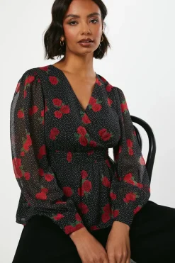 Red Floral Spot Chiffon Wrap Shrired Waist Long Sleeve Blouse