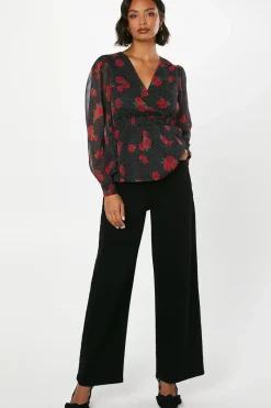 Red Floral Spot Chiffon Wrap Shrired Waist Long Sleeve Blouse