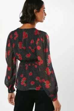 Red Floral Spot Chiffon Wrap Shrired Waist Long Sleeve Blouse
