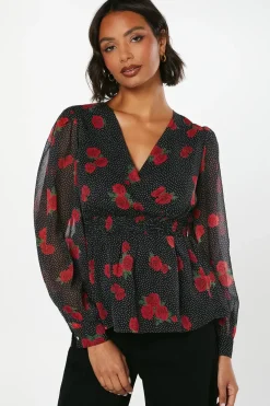 Red Floral Spot Chiffon Wrap Shrired Waist Long Sleeve Blouse