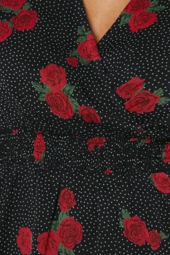 Red Floral Spot Chiffon Wrap Shrired Waist Long Sleeve Blouse