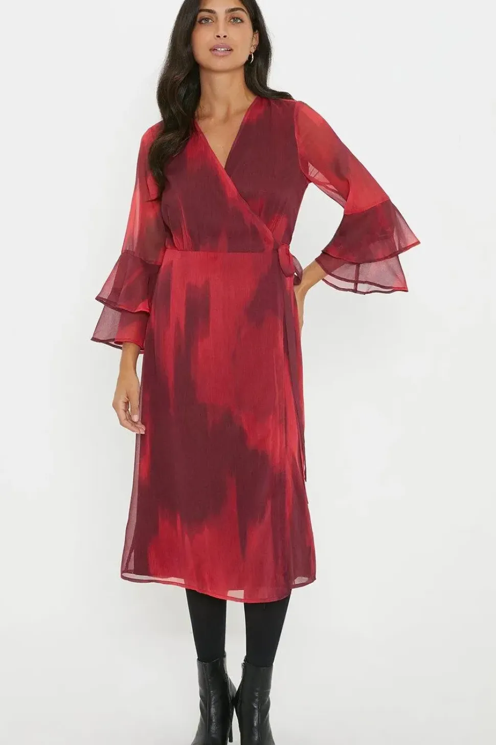 Red Ombre Flute Sleeve Wrap Dress