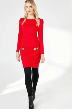 Red Pocket Detail Ponte Shift Dress