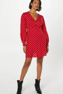 Red Spot Button Front Mini Dress
