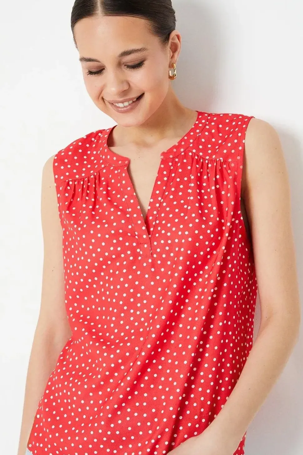 Red Spot Sleeveless Collarless Blouse