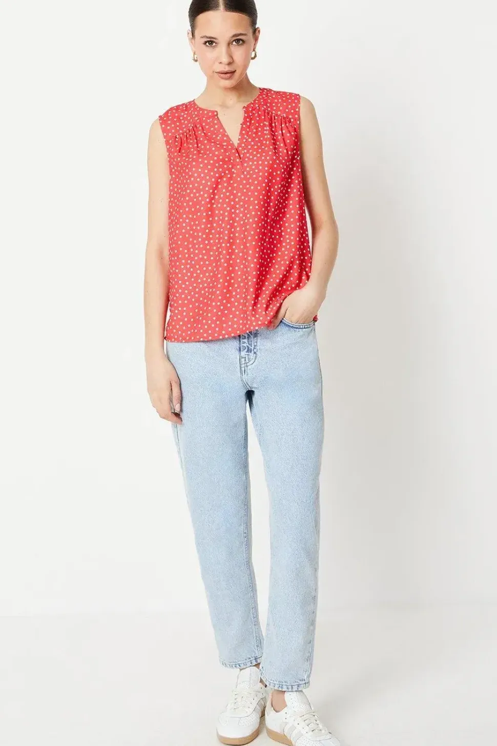 Red Spot Sleeveless Collarless Blouse