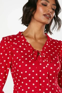 Red Spot Tie Front Ruffle Midi Dress