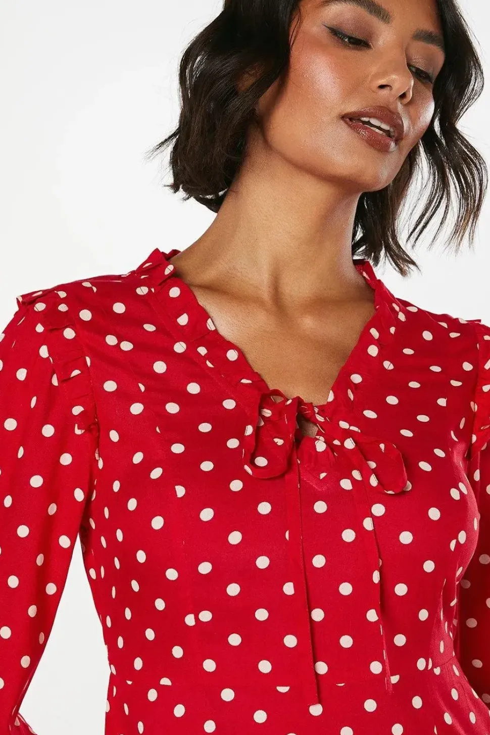 Red Spot Tie Front Ruffle Midi Dress