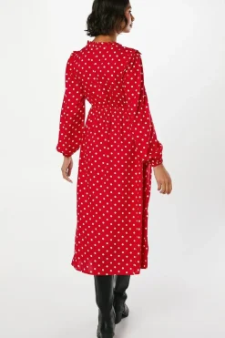 Red Spot Tie Front Ruffle Midi Dress
