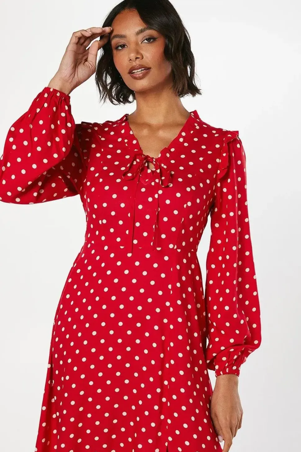 Red Spot Tie Front Ruffle Midi Dress