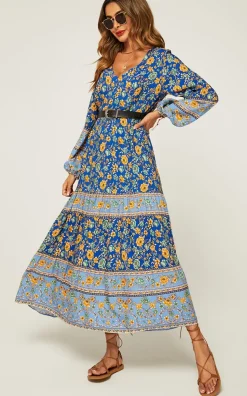 Relaxed Block Color Floral Printed Maxi Dress In Blue