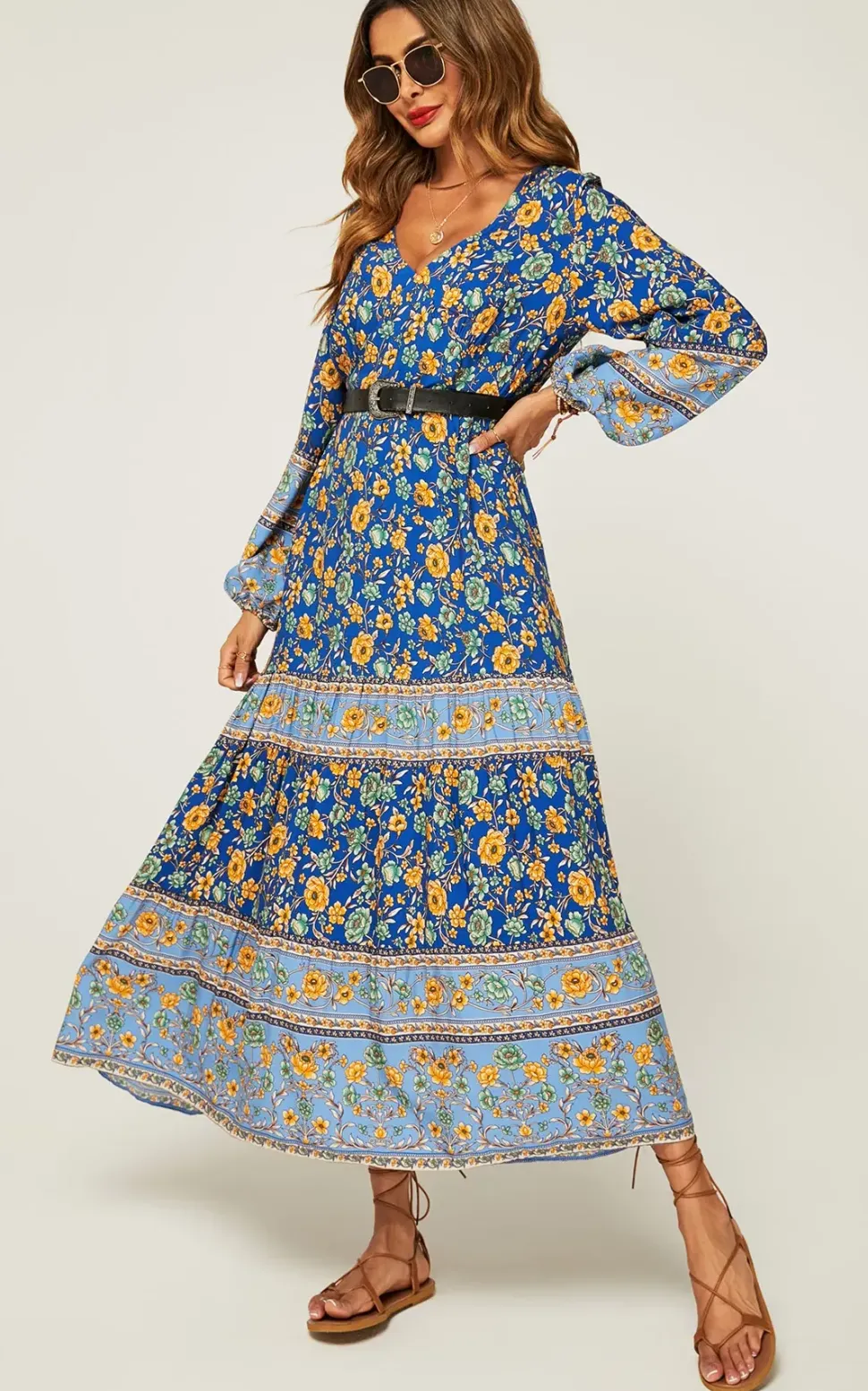 Relaxed Block Color Floral Printed Maxi Dress In Blue