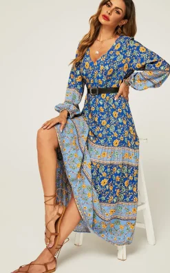 Relaxed Block Color Floral Printed Maxi Dress In Blue