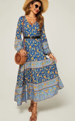 Relaxed Block Color Floral Printed Maxi Dress In Blue