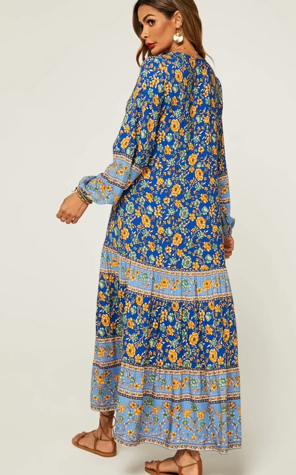 Relaxed Block Color Floral Printed Maxi Dress In Blue