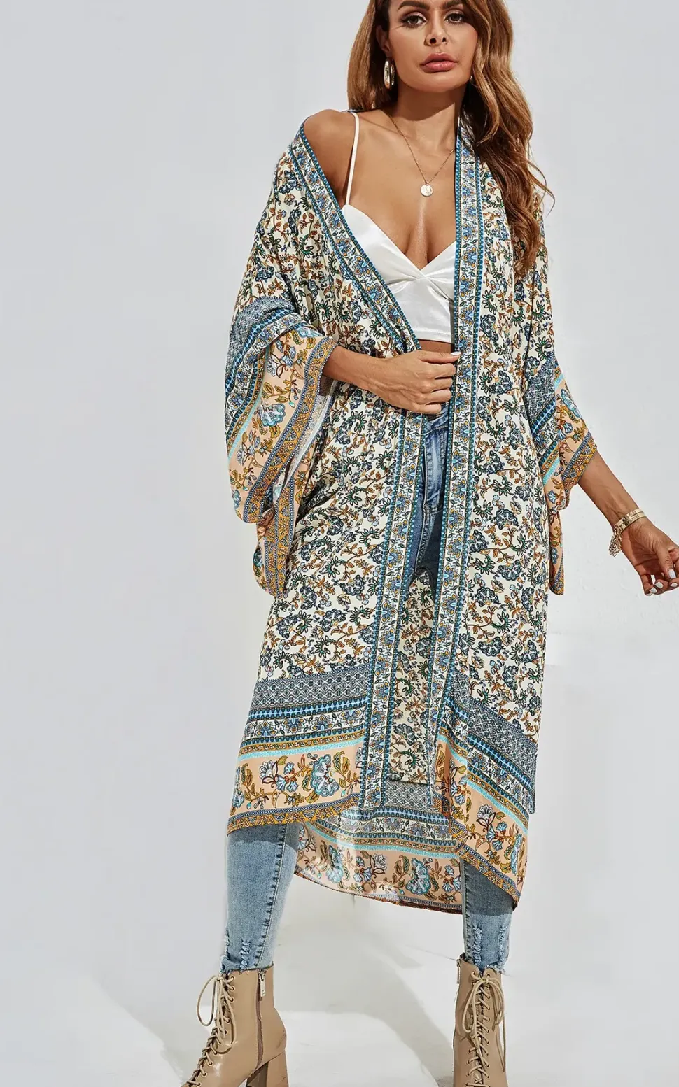 Relaxed Cotton Kimono In Blue Floral