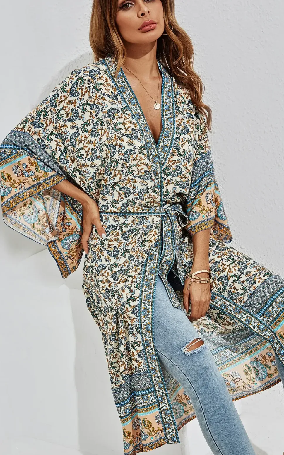 Relaxed Cotton Kimono In Blue Floral