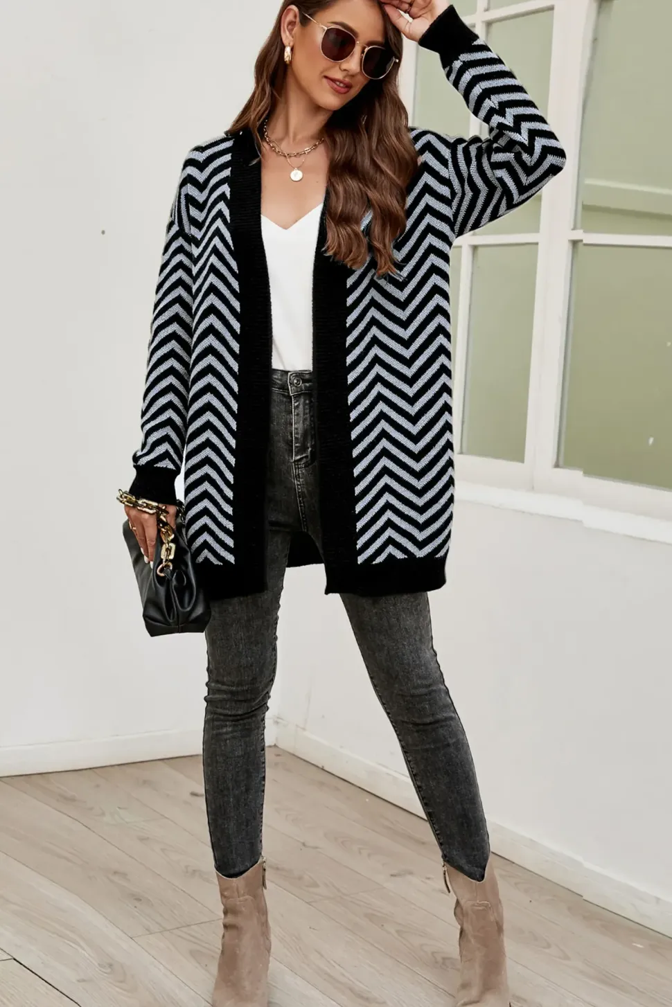 Relaxed Geometric Intarsia Cozy Soft Cardigan In Grey & Black