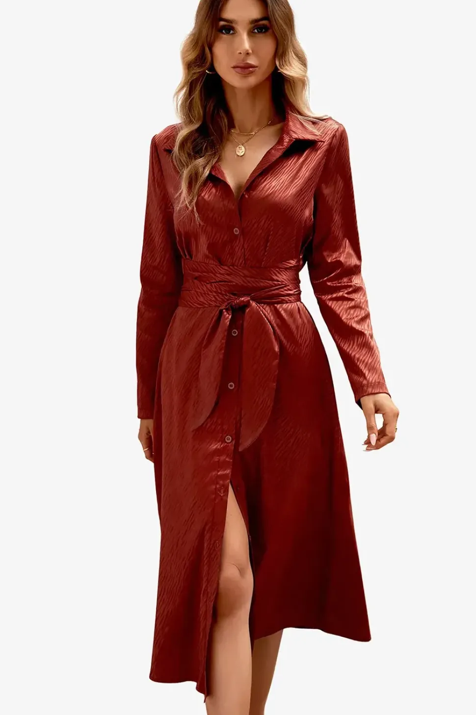 Relaxed Long Sleeve Wrap Top Midi Shirt Dress