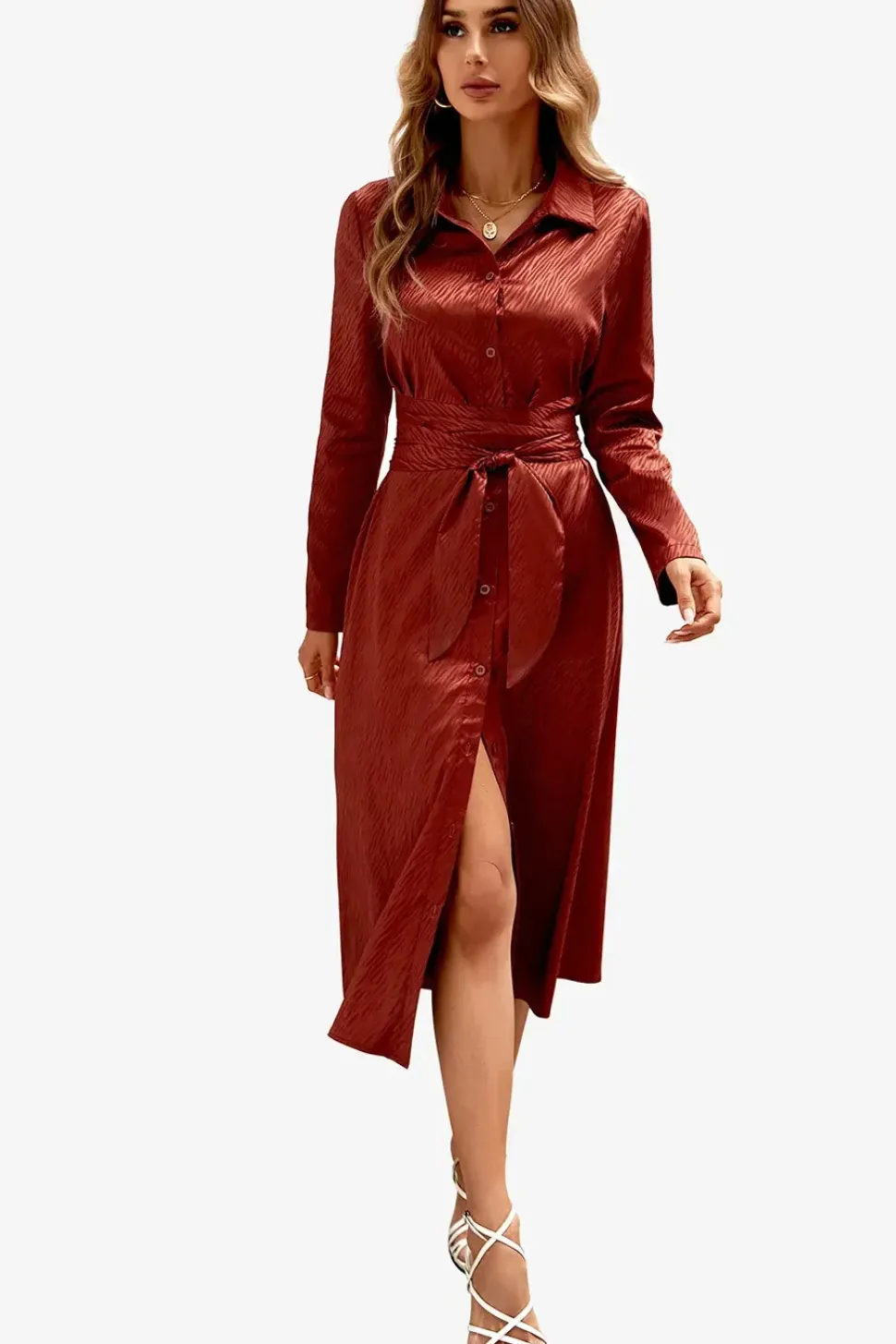 Relaxed Long Sleeve Wrap Top Midi Shirt Dress