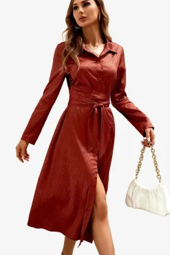 Relaxed Long Sleeve Wrap Top Midi Shirt Dress