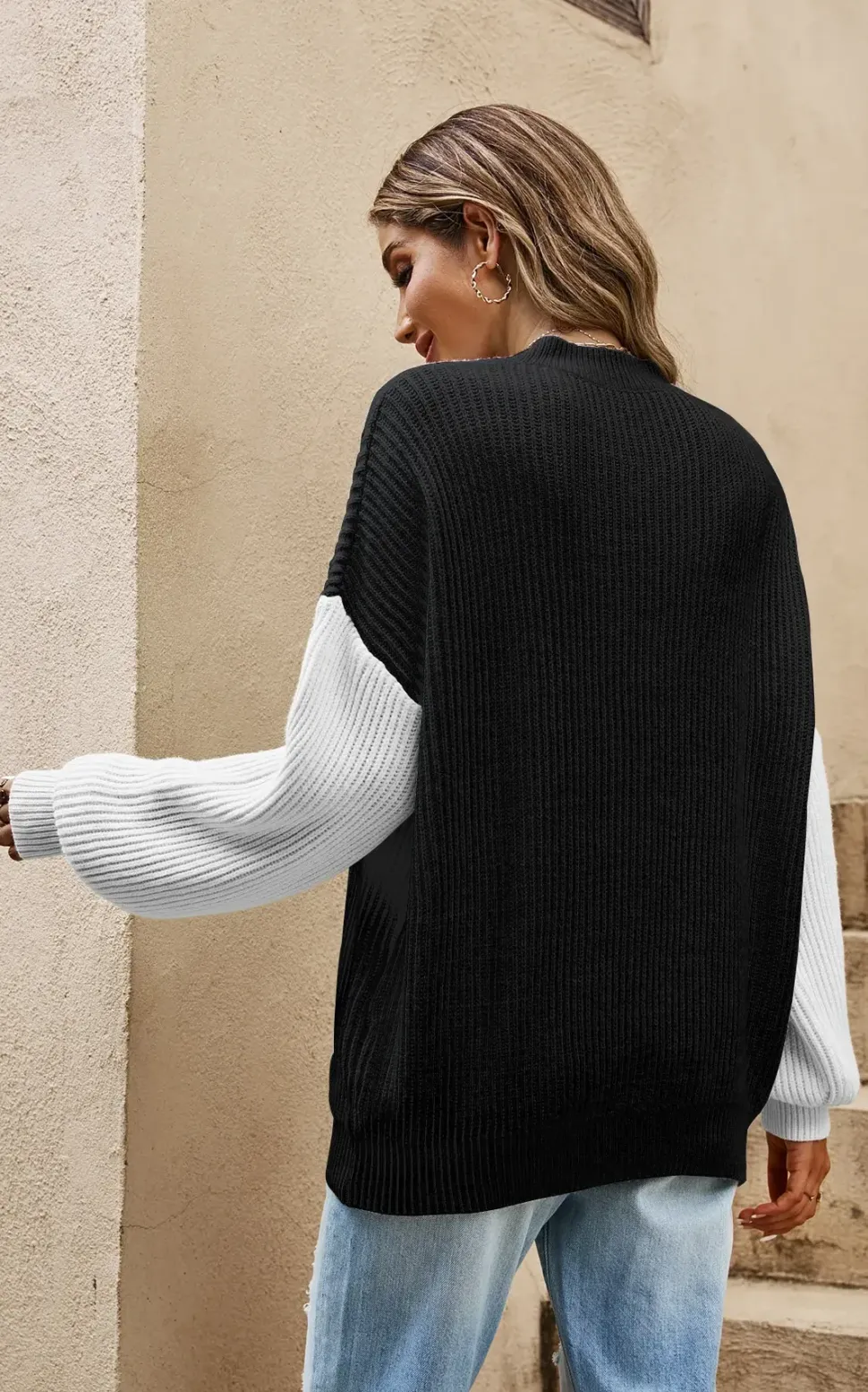 Relaxed Mint White Block Colour Sleeve Knit Jumper Top In Black
