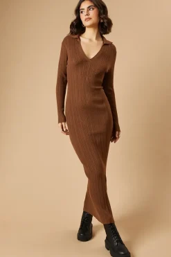Ribbed Collared Knitted Midi Dress