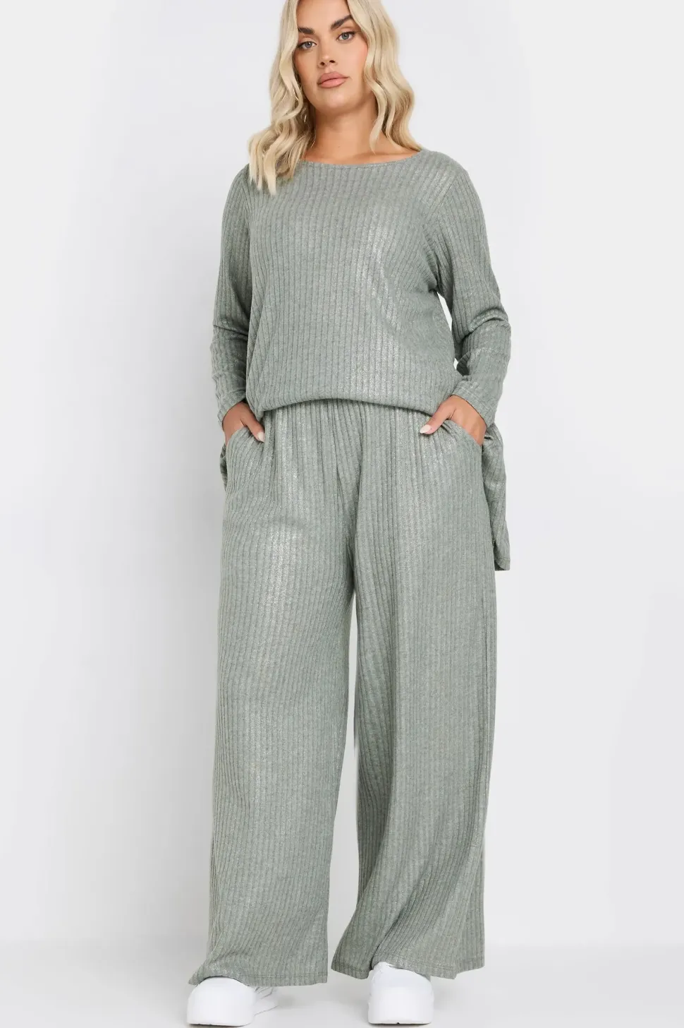 Ribbed Foil Wide Leg Trousers