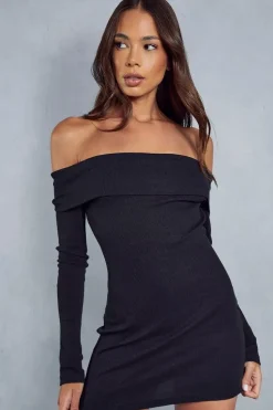 Ribbed Off The Shoulder Long Sleeve Mini Dress