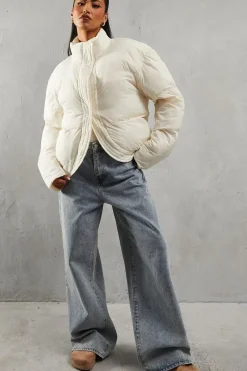 Ribbed Placket Puffer Coat