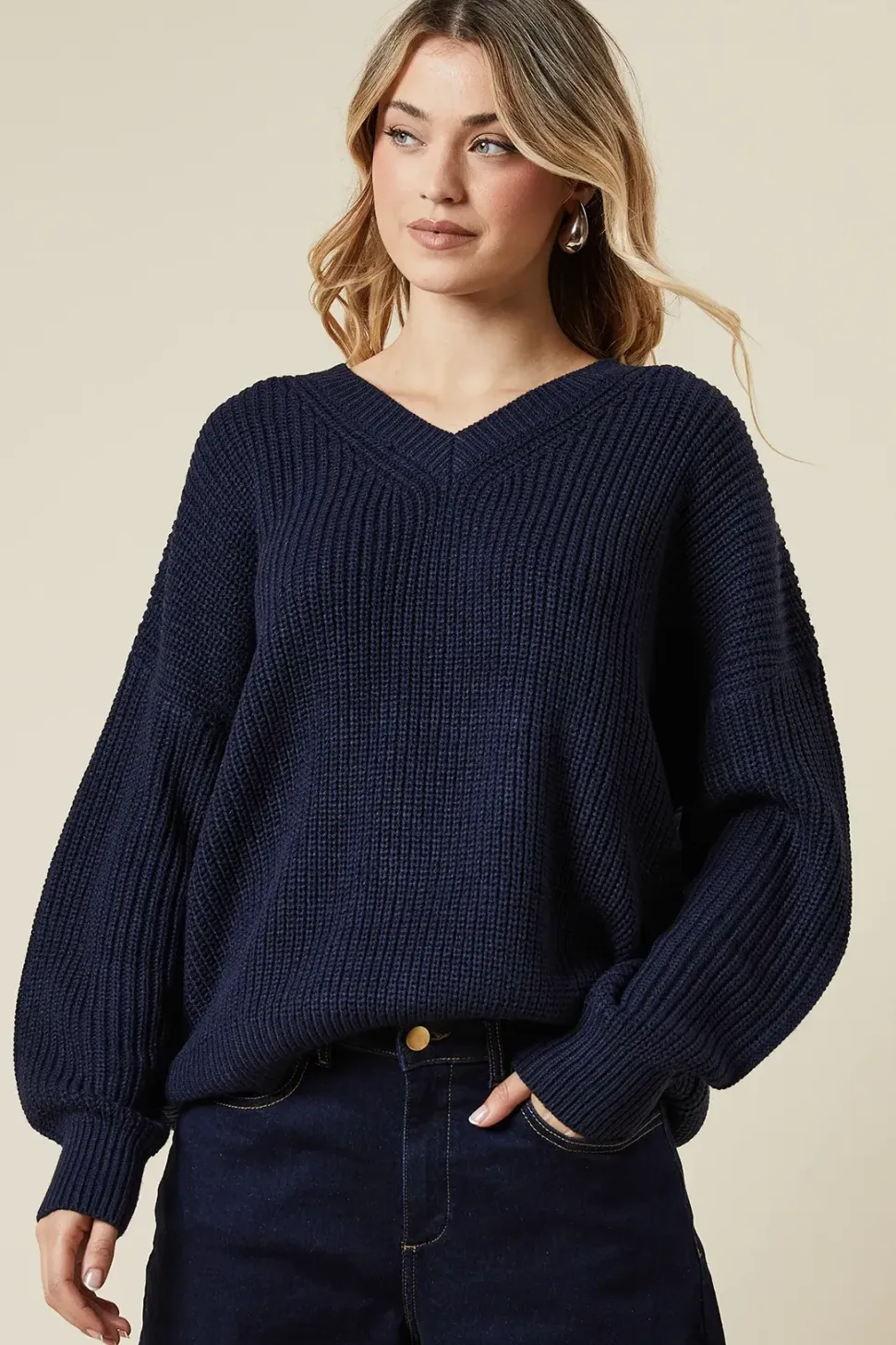 Ribbed V Neck Jumper