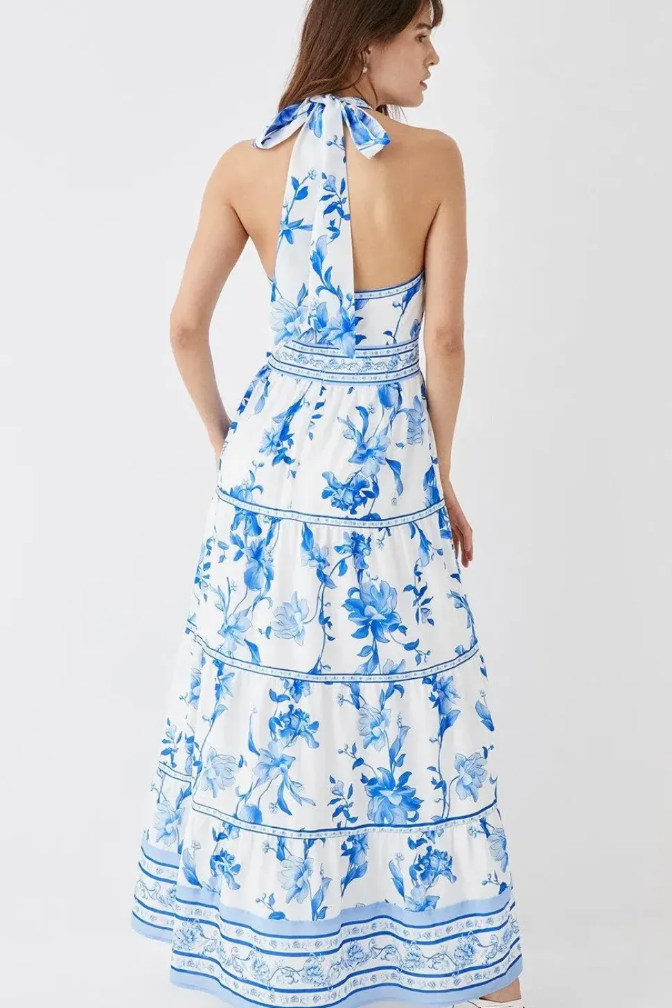 Ribbon Trim Cross Front Tiered Maxi Dress
