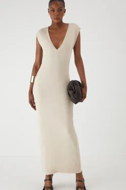 Rib Knit Plunge Sleeveless Vest Fitted Maxi Dress