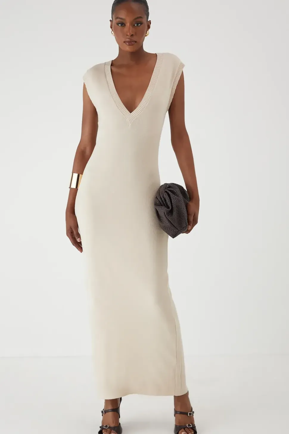 Rib Knit Plunge Sleeveless Vest Fitted Maxi Dress
