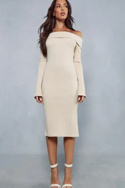 Rib Off The Shoulder Long Sleeve Midi Dress